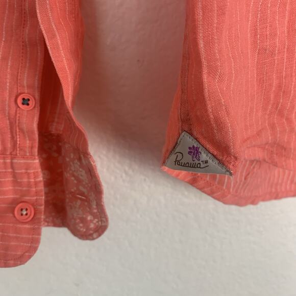 Pauawa Shirt Womens Large Linen Button Down Striped Floral Coastal Beachy Coral - Picture 5 of 11
